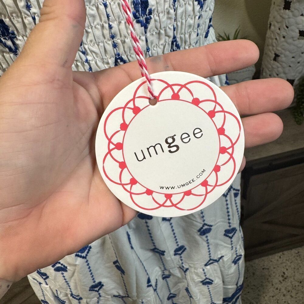 Umgee Blue/White Floral Embroidered Midi Tiered Sundress Size L Smocked Boho - Picture 6 of 8